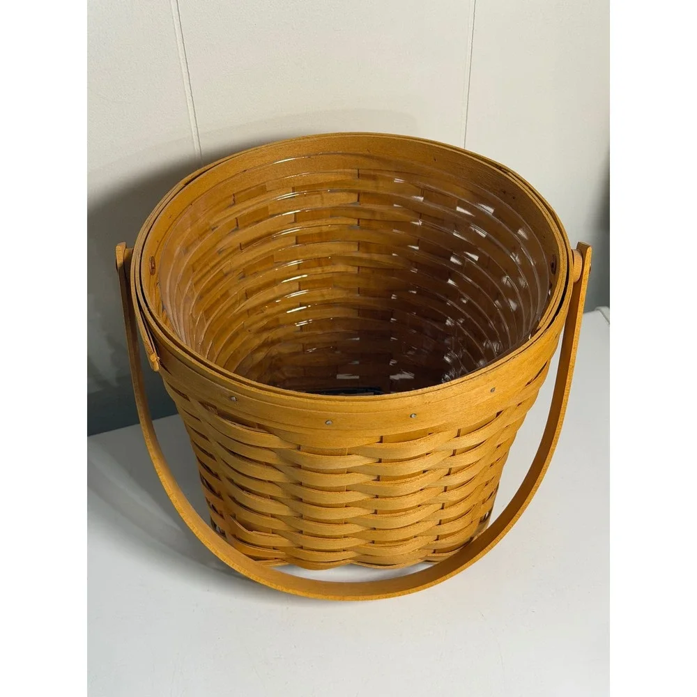 VTG Longaberger Basket Round Brown Woven Wood Plastic Liner 2002 Handwoven USA
